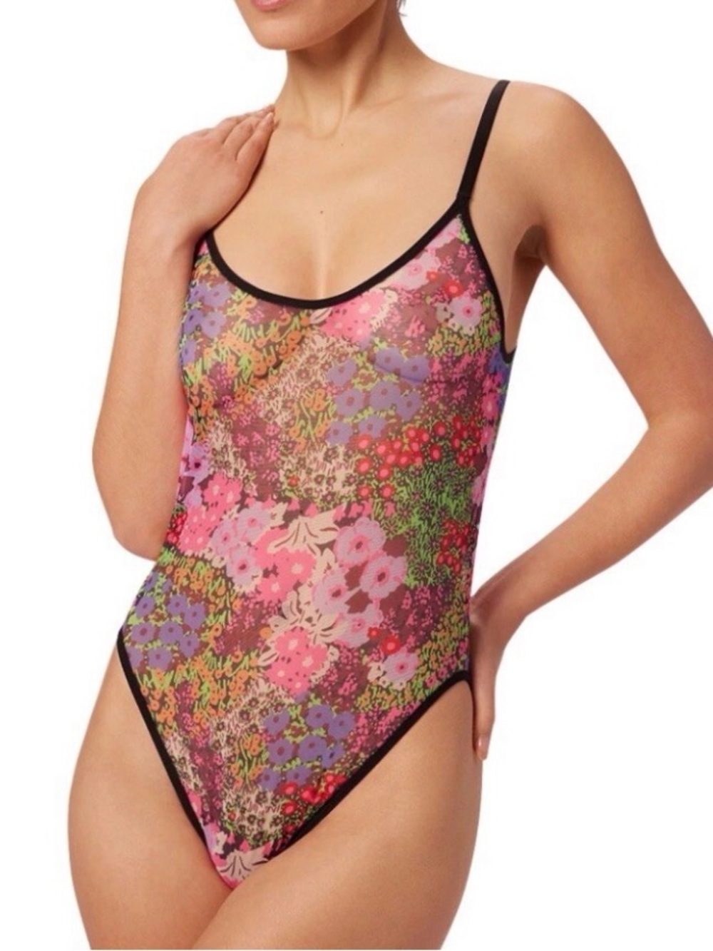 Floral Sheer Mesh Bodysuit - Pink Multi